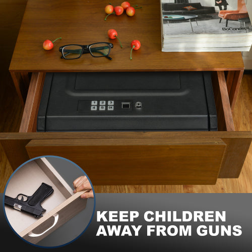 Wooden desk with a gun safe in an open drawer, surrounded by everyday items.
