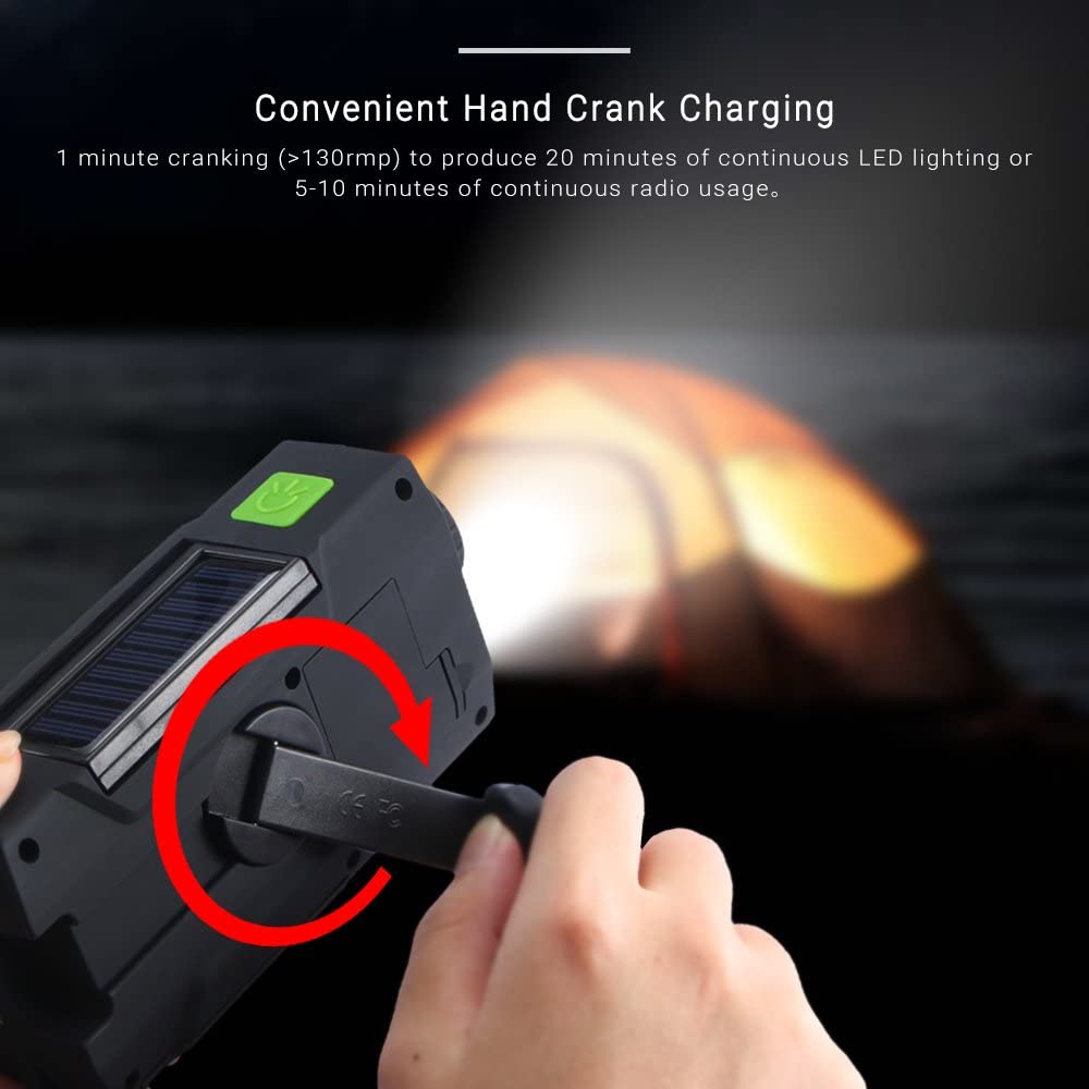Hand crank device with solar panel being used to charge a light source, with text about hand crank charging.