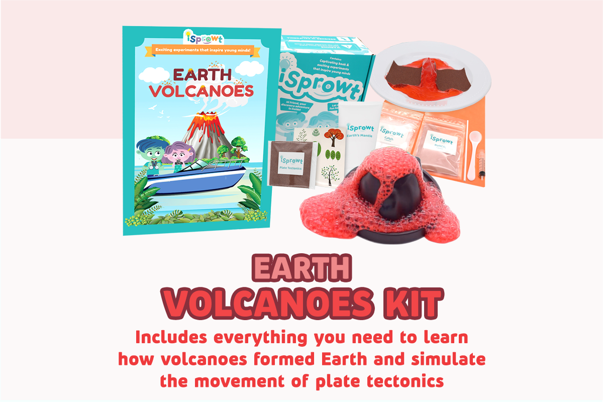 Earth Volcanoes Kit educational set featuring a colorful book, a box, a lava lamp, and other learning materials on a light pink background with descriptive text below.