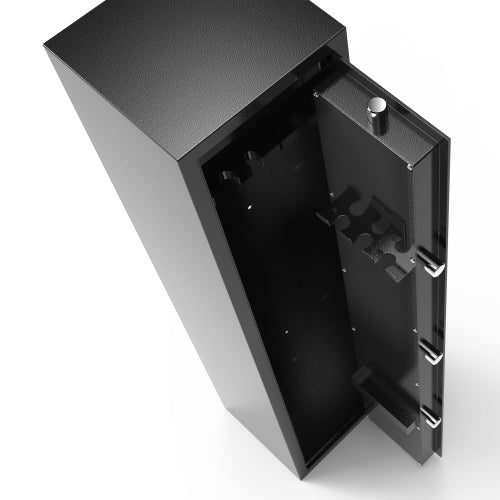 Black metal safe with open door on a white background