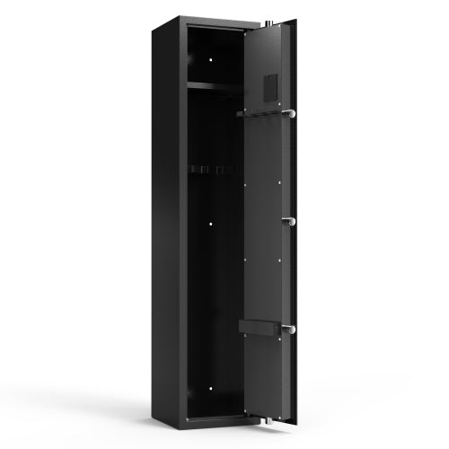 Black gun safe with open door on a white background