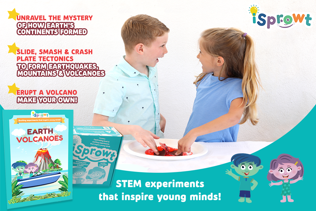 Promotional graphic for the iSprowt Earth Volcanos STEM toy kit, showing a young boy and girl interacting with the product on a white table. The image includes text callouts, product packaging boxes, and cartoon character illustrations on a white and teal background.