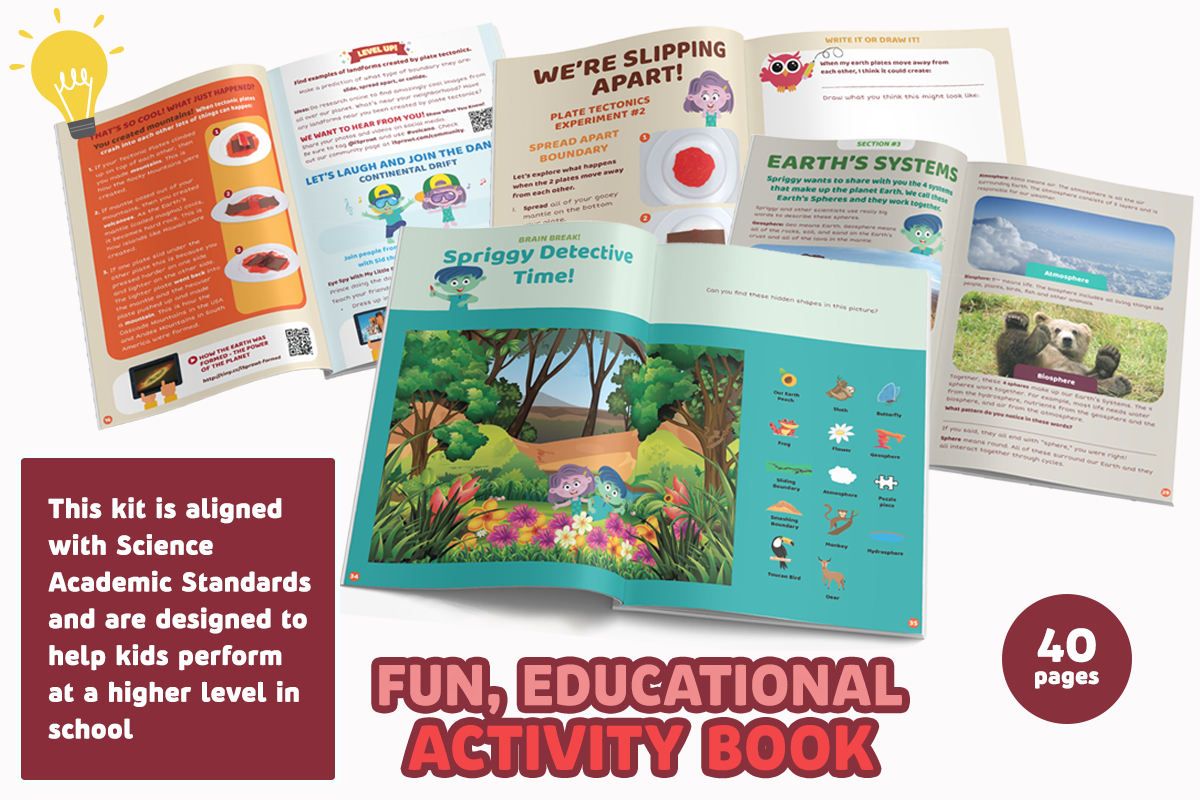 An educational activity book kit shown open with several pages spread out on a white background. The central open page has a colorful forest illustration and the title 'Springy Detective Time!'.