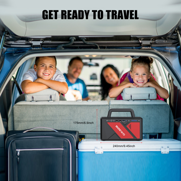 Family in a car with travel gear and cooler, text 'Get Ready to Travel'.