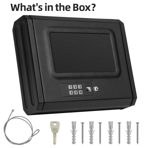 Black electronic keypad lock with keys and screws on a white background