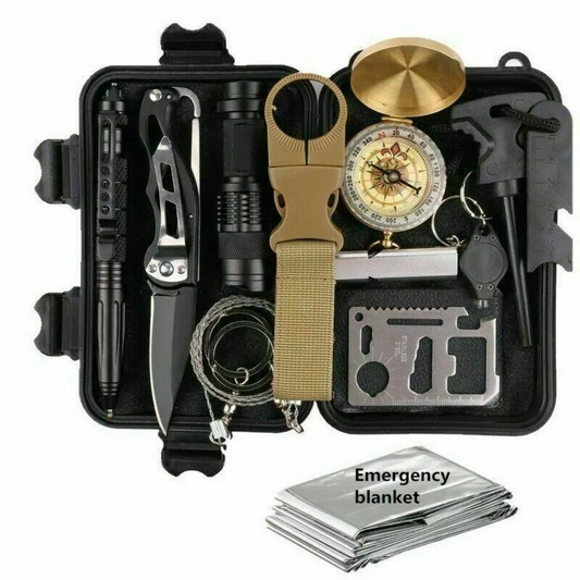 Survival kit with tools including a knife, flashlight, and multitool on a white background.