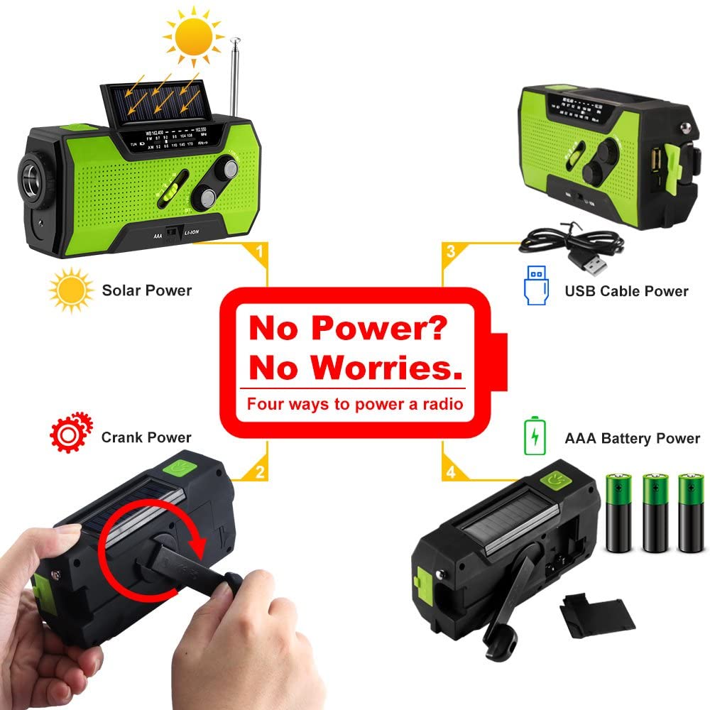 Multifunctional radio with solar panel, USB cable, crank, and battery power options on a white background.