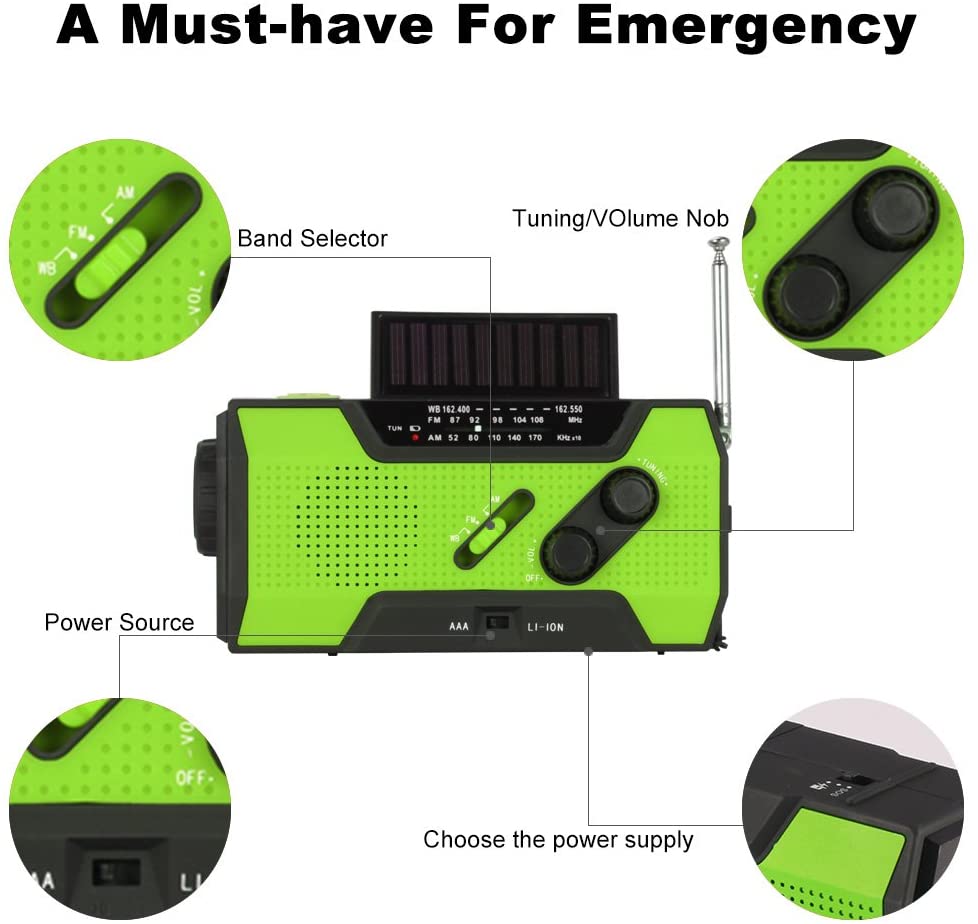 Green and black emergency radio with labeled parts on a white background