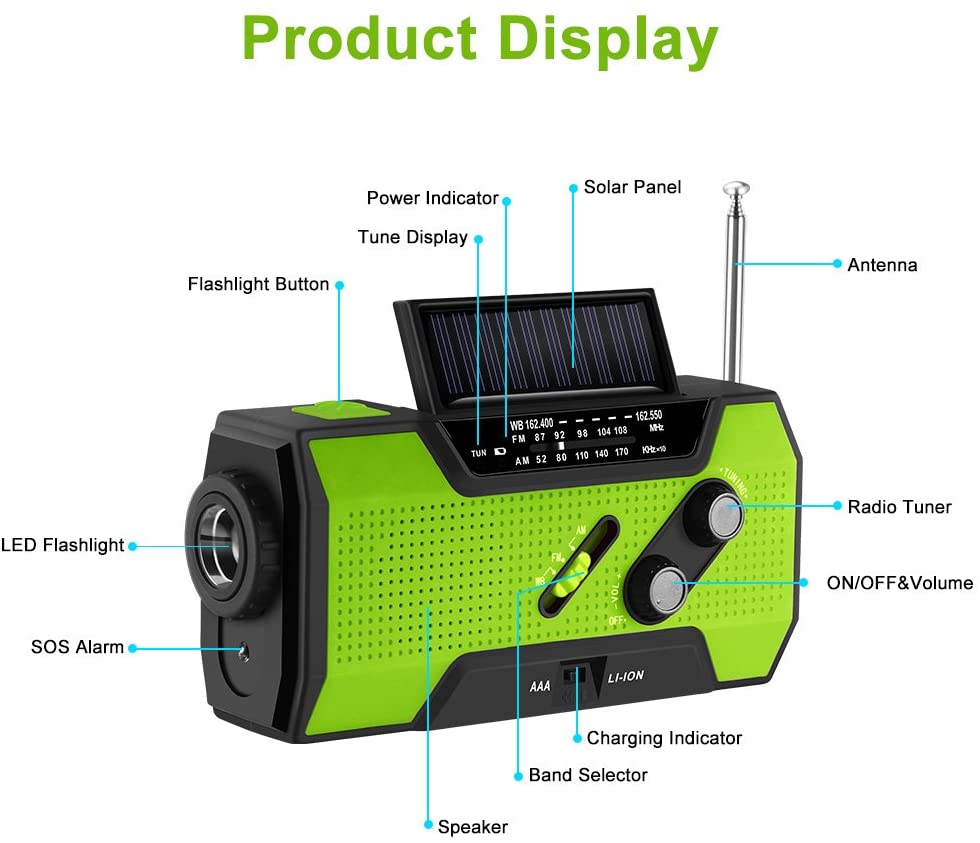 Green and black radio with solar panel and various buttons labeled on a white background