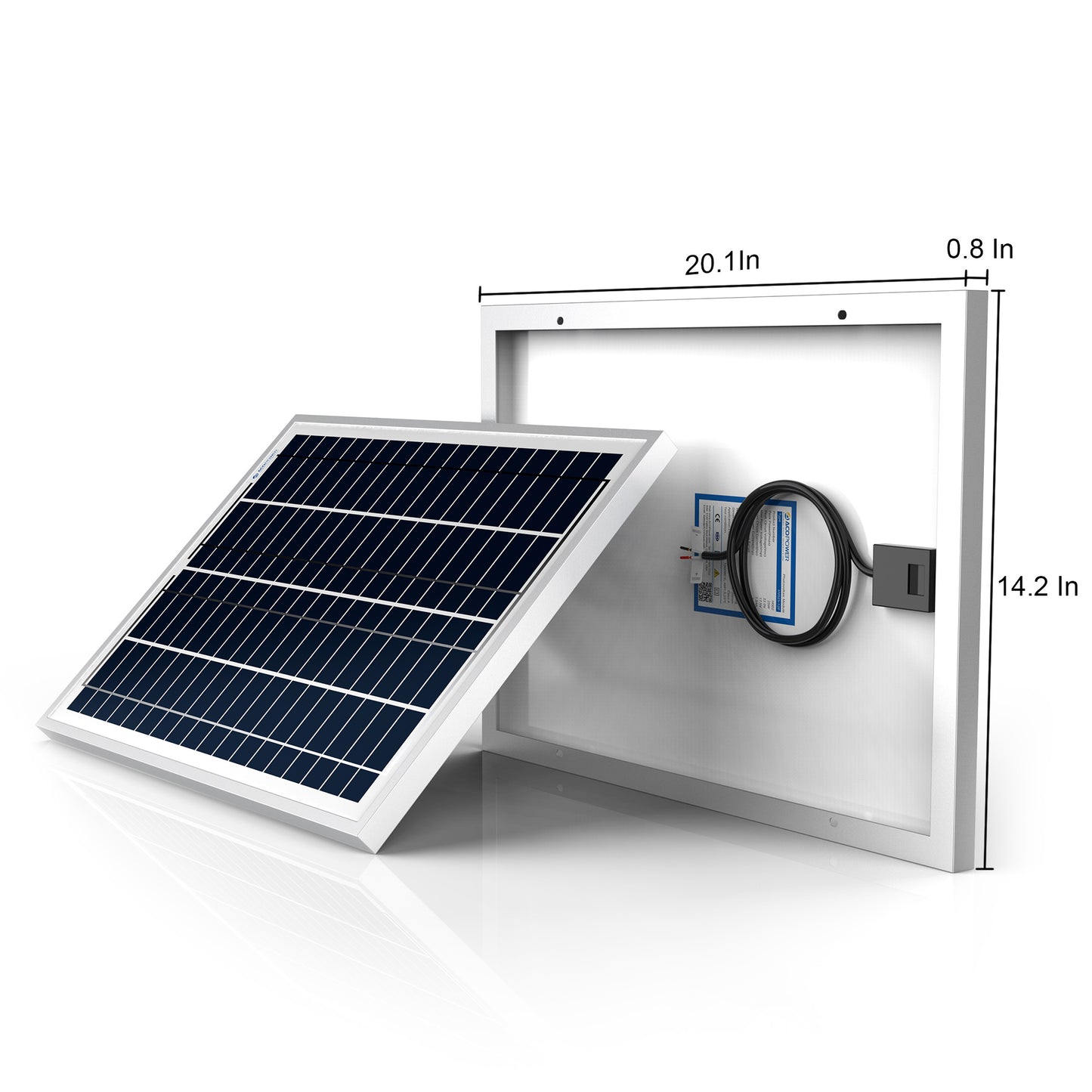 Solar panel with dimensions and USB connection on a white background