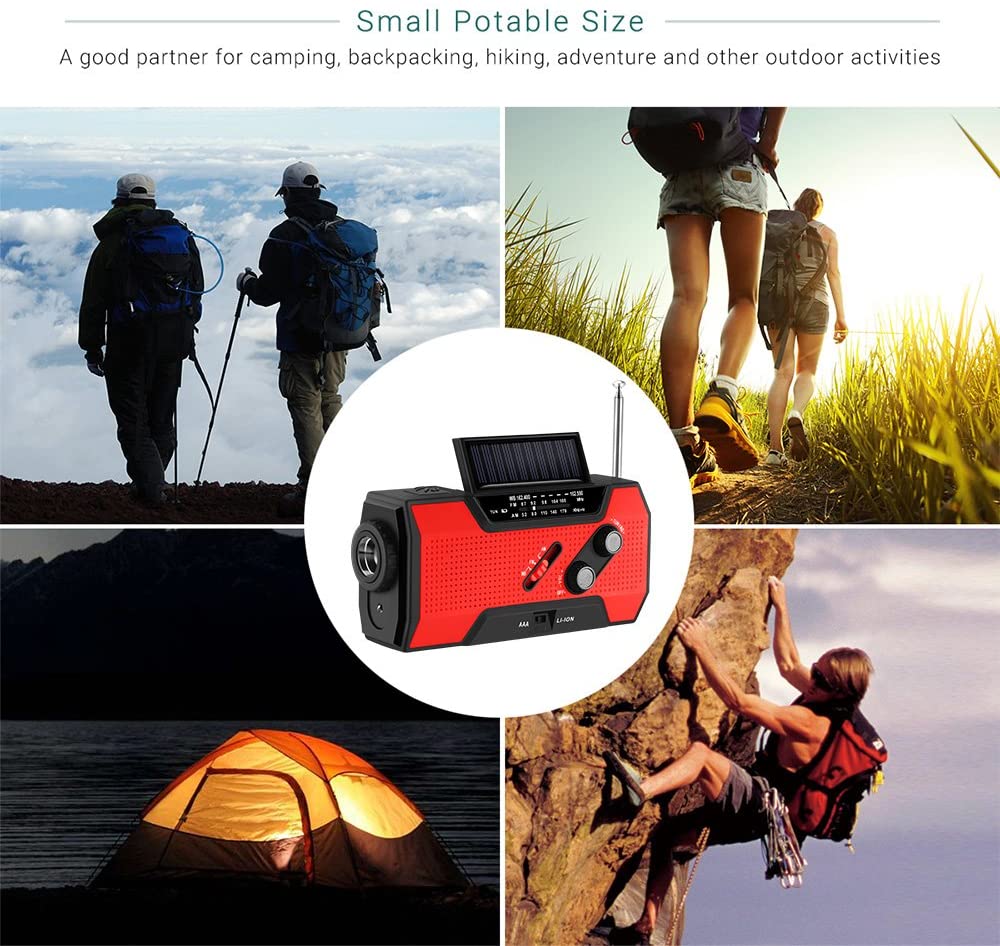 Red and black portable radio with outdoor activities depicted, including hiking and camping.