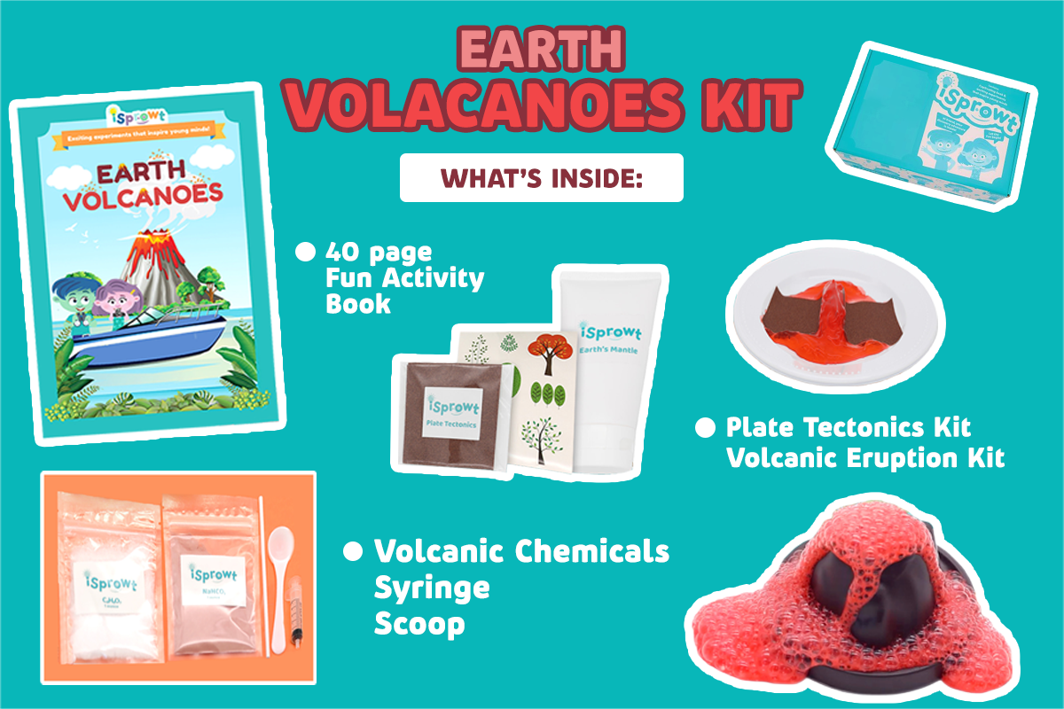 Earth Volcanoes Kit contents layout on a teal background, showing a colorful activity book, plate tectonics kit, volcanic chemicals syringe scoop, and a red foam volcano model with text labels.