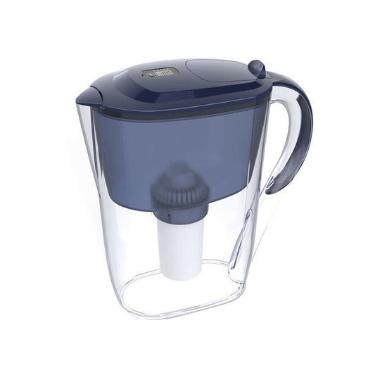 Blue water filter pitcher on a white background
