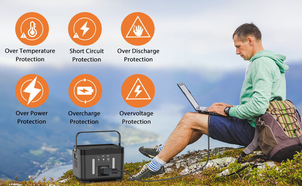 Person using a laptop with a portable power station on a mountain, featuring protection icons.