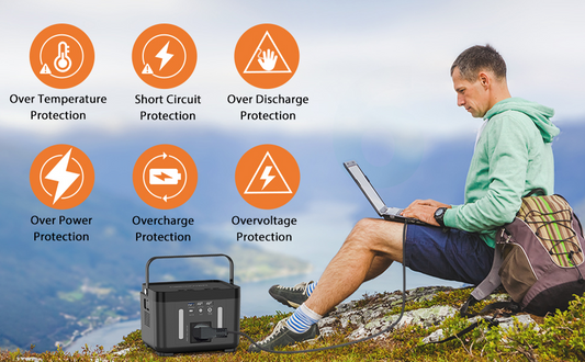 Person using a laptop with a portable power station on a mountain, featuring protection icons.