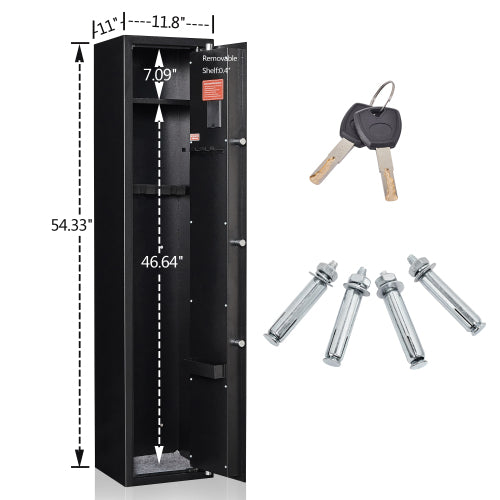 Black gun safe with dimensions, keys, and installation hardware on a white background