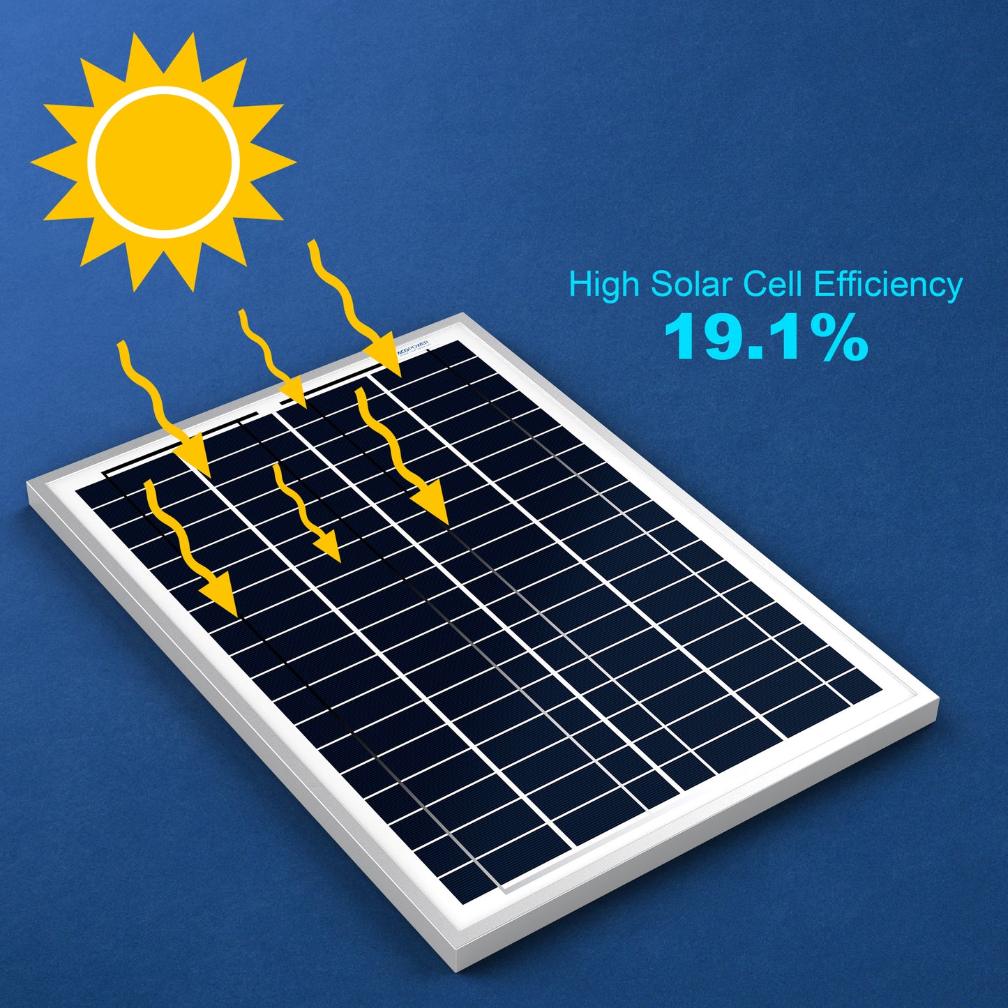 Solar panel with sun illustration and efficiency rating on a blue background