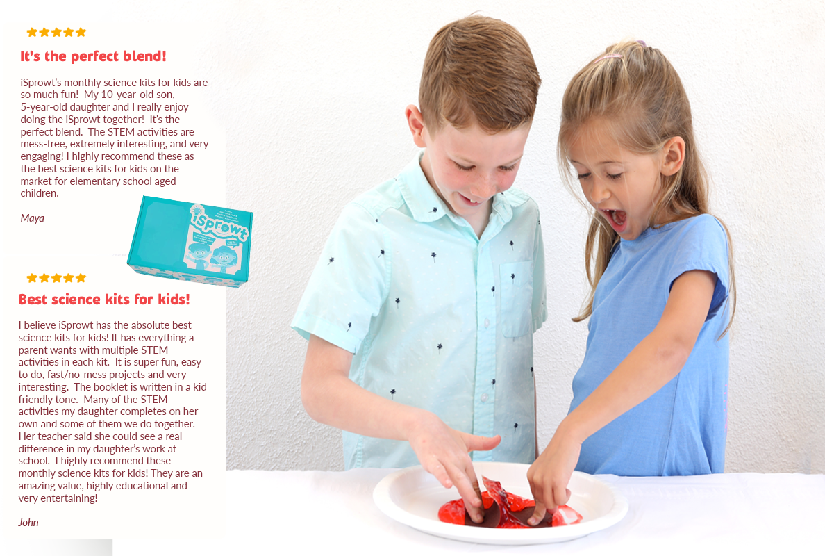 A parent and child looking at a STEAM science kit package on a white background, with text reviews on the left and the children holding strawberries on a plate in the foreground.