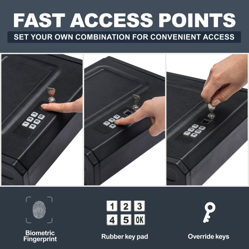 Black electronic safe with keypad, biometric fingerprint, and override key features.