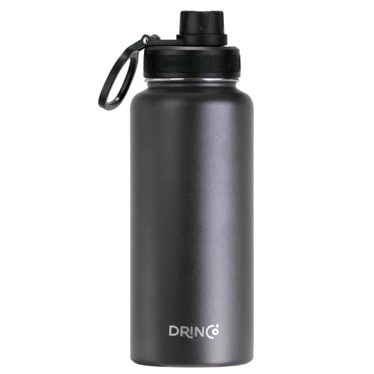 Black water bottle with DRINCO logo on a white background