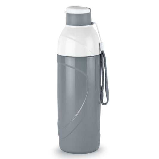 Gray and white water bottle with a carrying strap on a white background