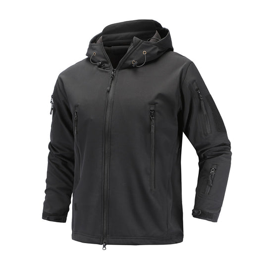 Black tactical jacket with multiple pockets and zippers on a white background