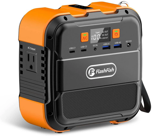 Portable power station with orange and black design, featuring the FlashFish brand.