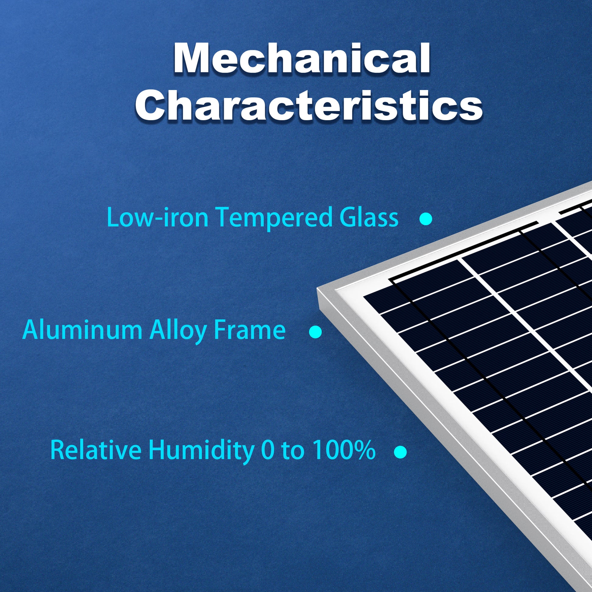 Solar panel with mechanical characteristics listed on a blue background