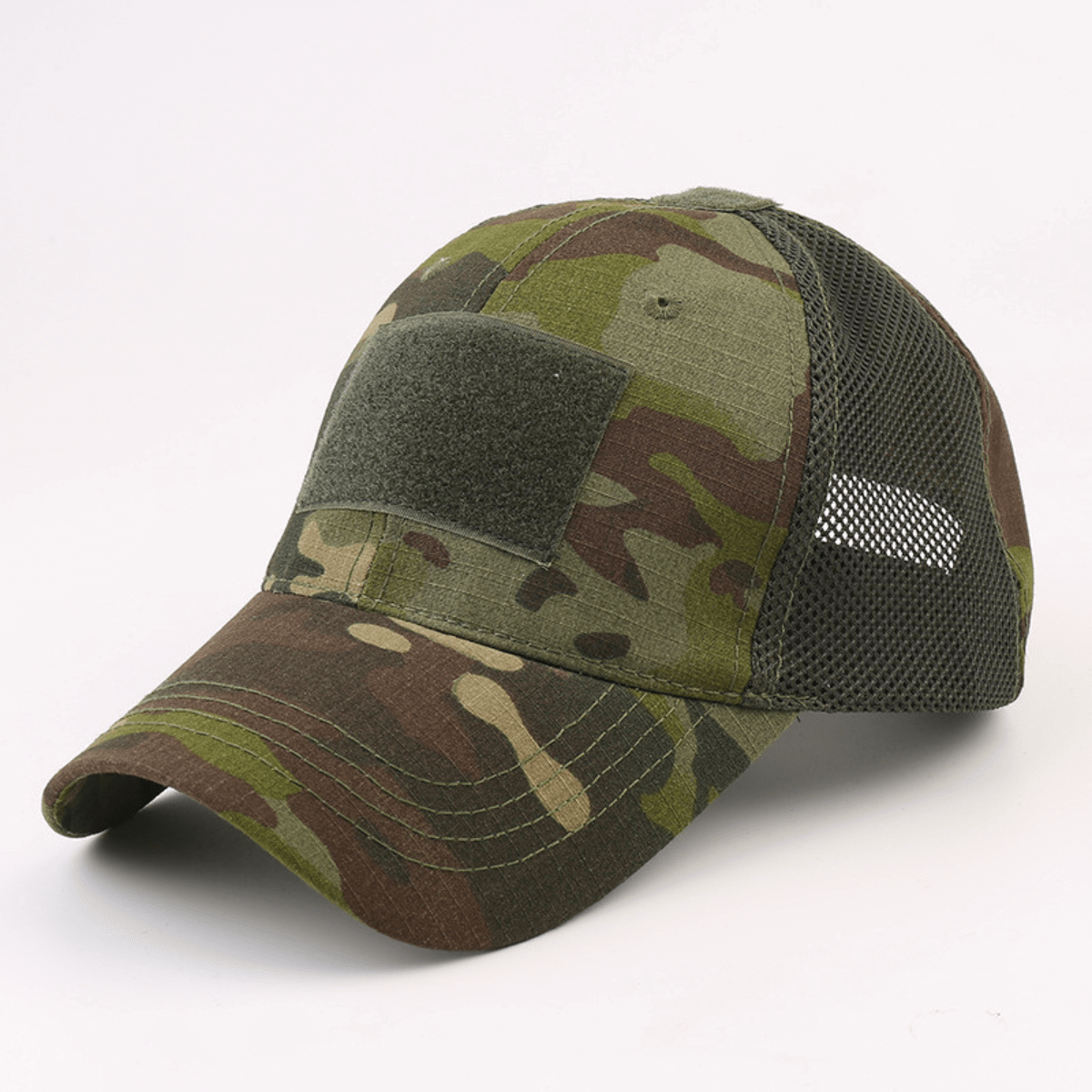Camouflage baseball cap with mesh back on a white background