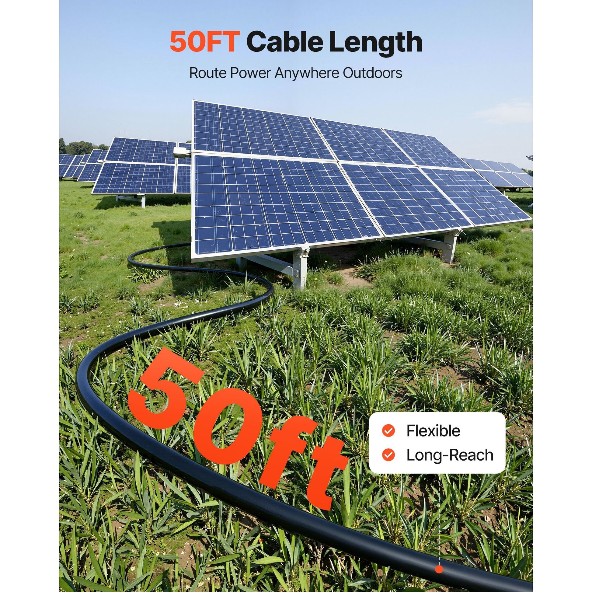 Solar panels with a 50ft cable in an outdoor setting