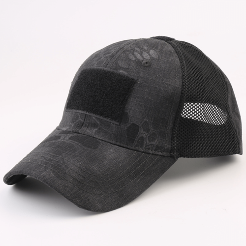 Black tactical cap with mesh back on a white background
