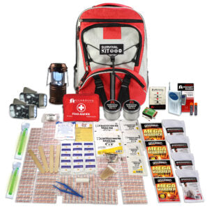 Red and white survival kit backpack with various survival items on a white background