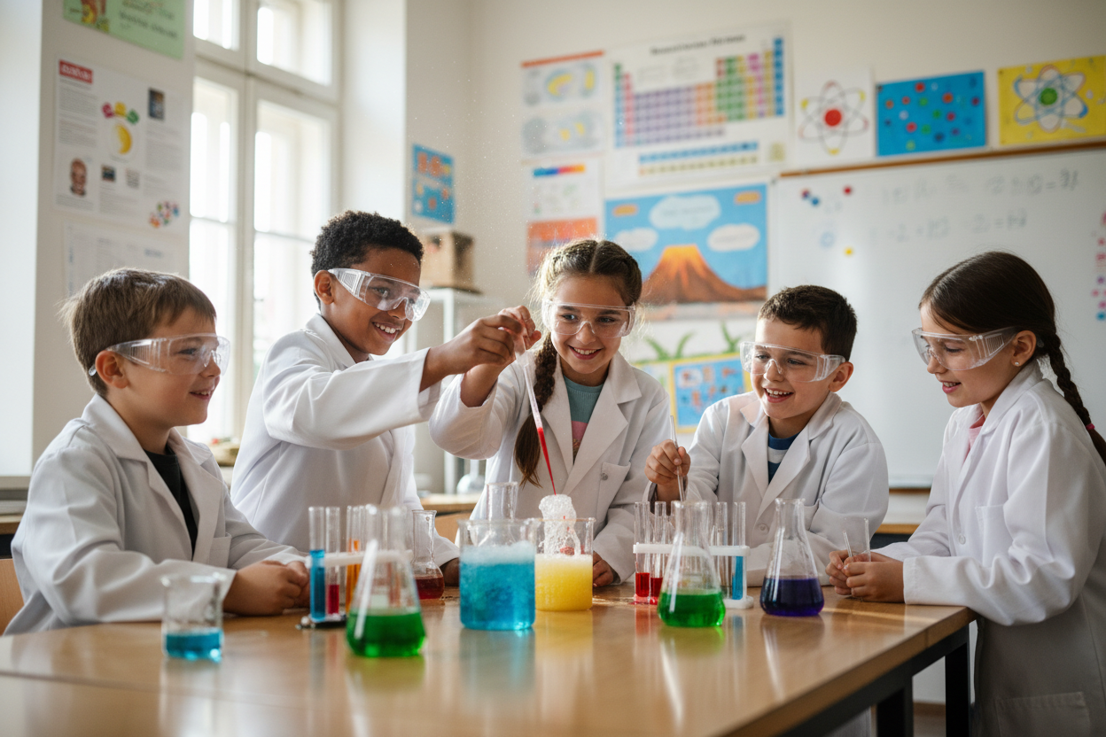 Children in a science classroom with lab coats and safety goggles conducting an experiment.