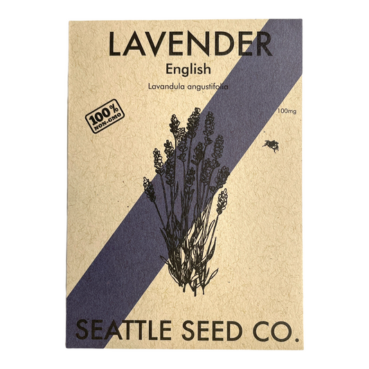 Seattle Seed Co. lavender seed packet with botanical illustration and branding.