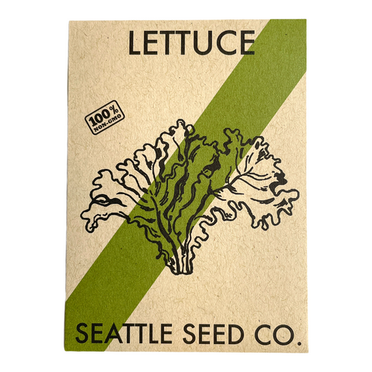 Seed packet for lettuce from Seattle Seed Co. with a green stripe and leaf illustration.