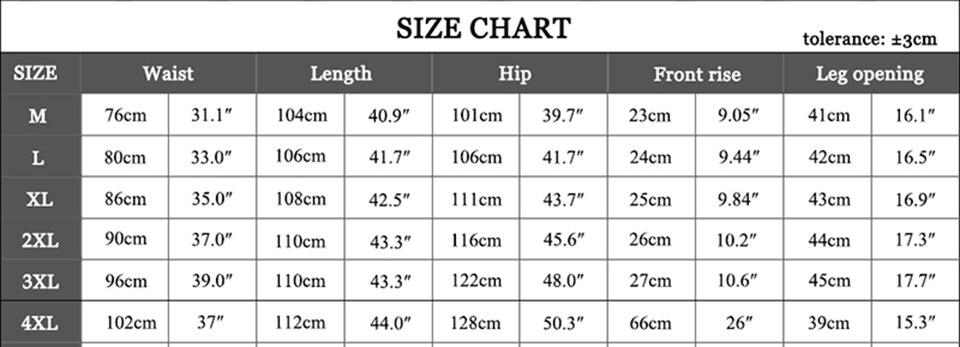 Size chart for clothing with measurements in centimeters and inches.