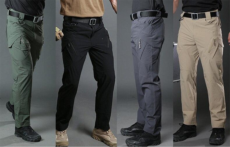 Four pairs of tactical pants in different colors on a gray background