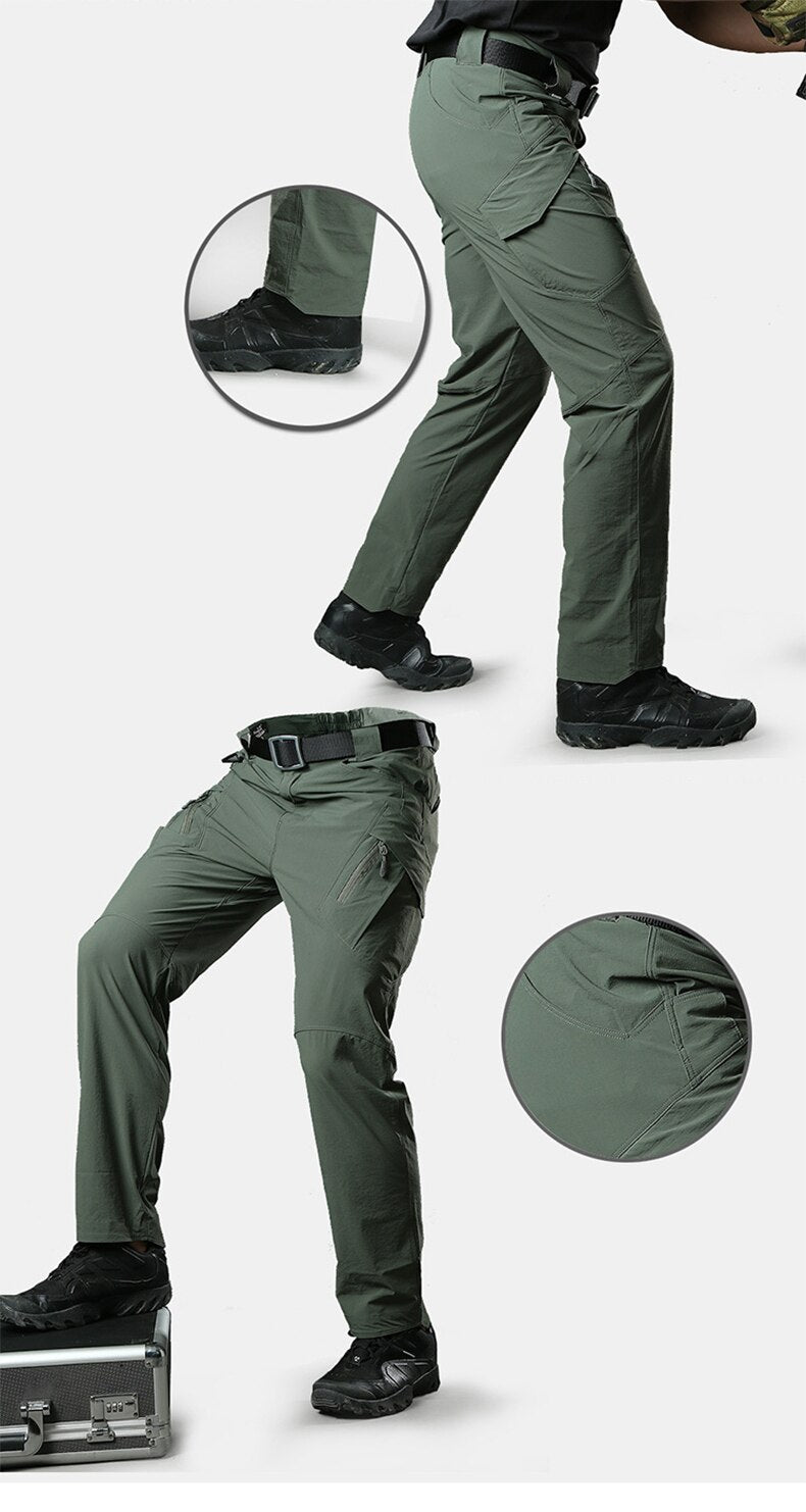 Green tactical pants with a close-up of a patch and a person wearing them on a white background.