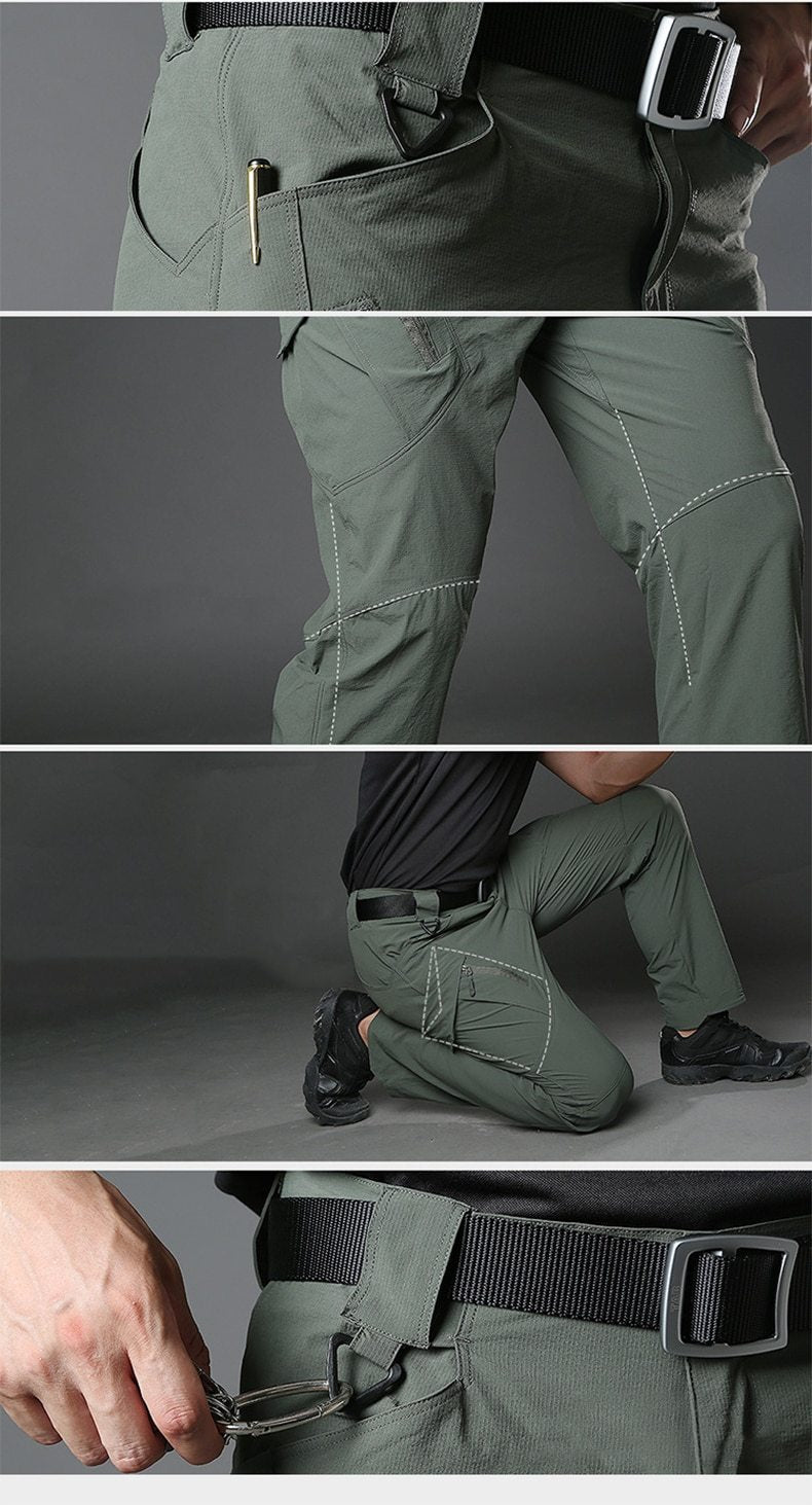 Collage of green tactical pants with multiple angles and details.