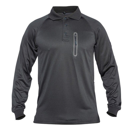 Green long-sleeve polo shirt with a zipper on a white background
