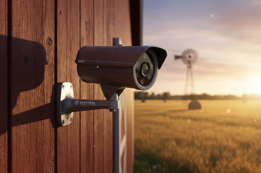 Security camera mounted on a wooden wall with a scenic view of a field and windmill in the background.