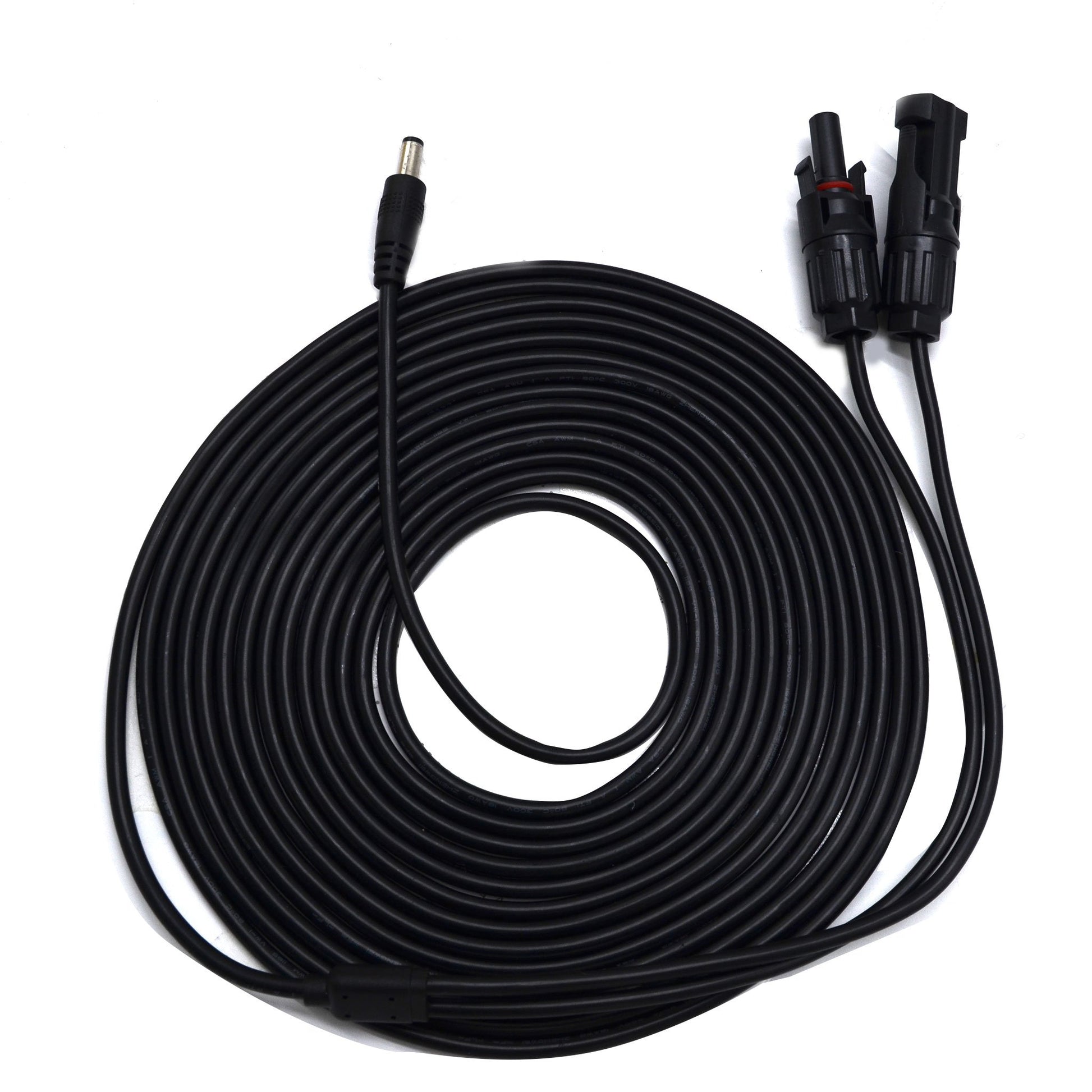 Coiled black cable with connectors on a white background