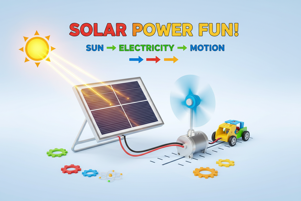 Illustration of a solar panel powering a toy car with text explaining solar power conversion.